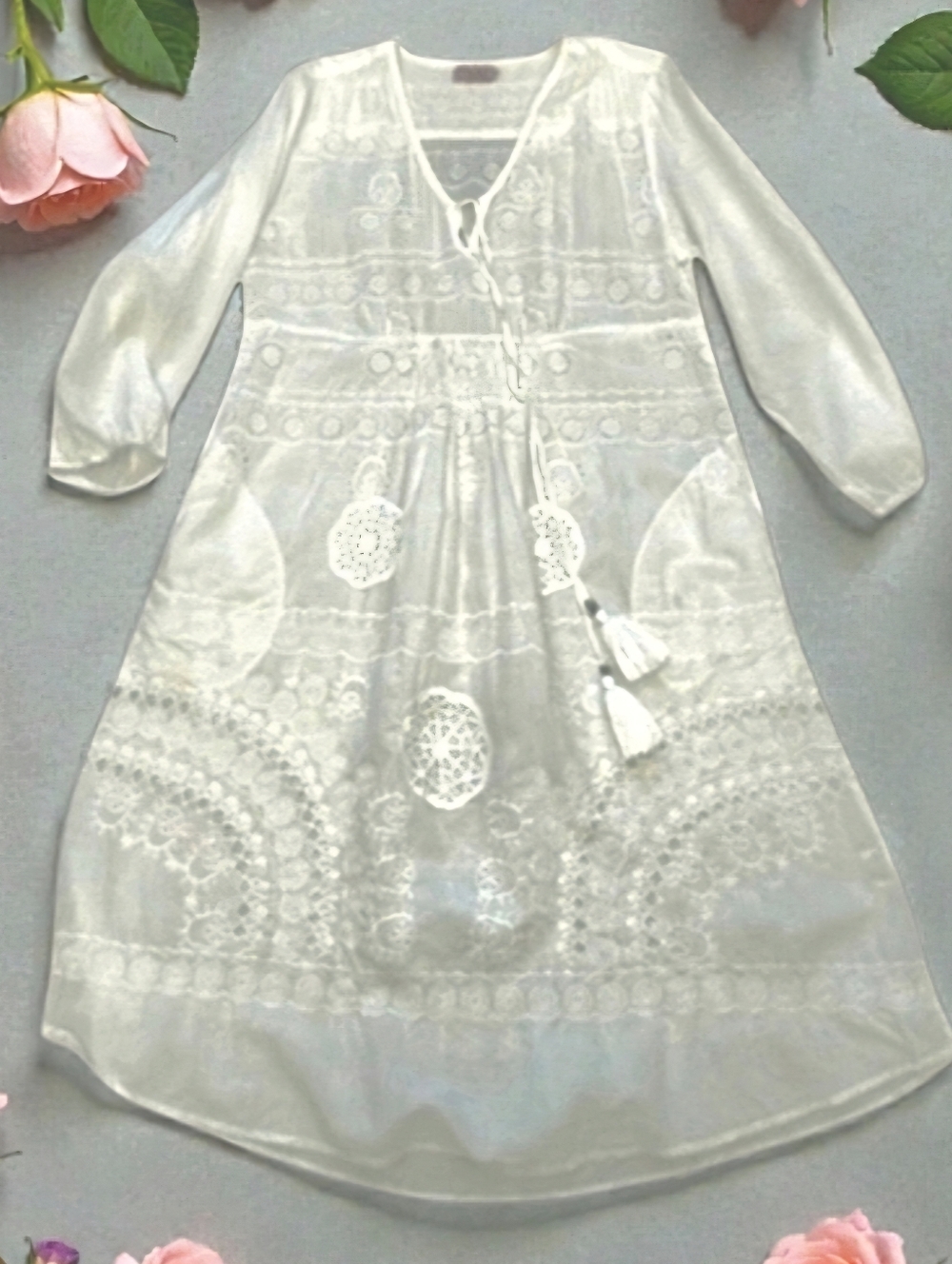 Ruby Yaya Sundance White Maxi Dress Eyelets Lace Tassels Large EUC
